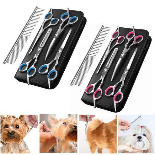 Professional Pet Grooming Scissors Kit - Straight, Thinning & Curved Shears with Comb and Case (Pink)