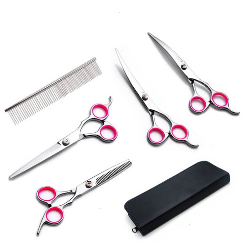 Professional Pet Grooming Scissors Kit - Straight, Thinning & Curved Shears with Comb and Case (Pink) Image