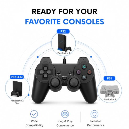 Wired Dual Vibration Controller for PS2 - Black