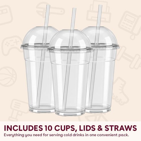 16oz Clear Plastic Cups with Dome Lids and Straws (Pack of 10) Image