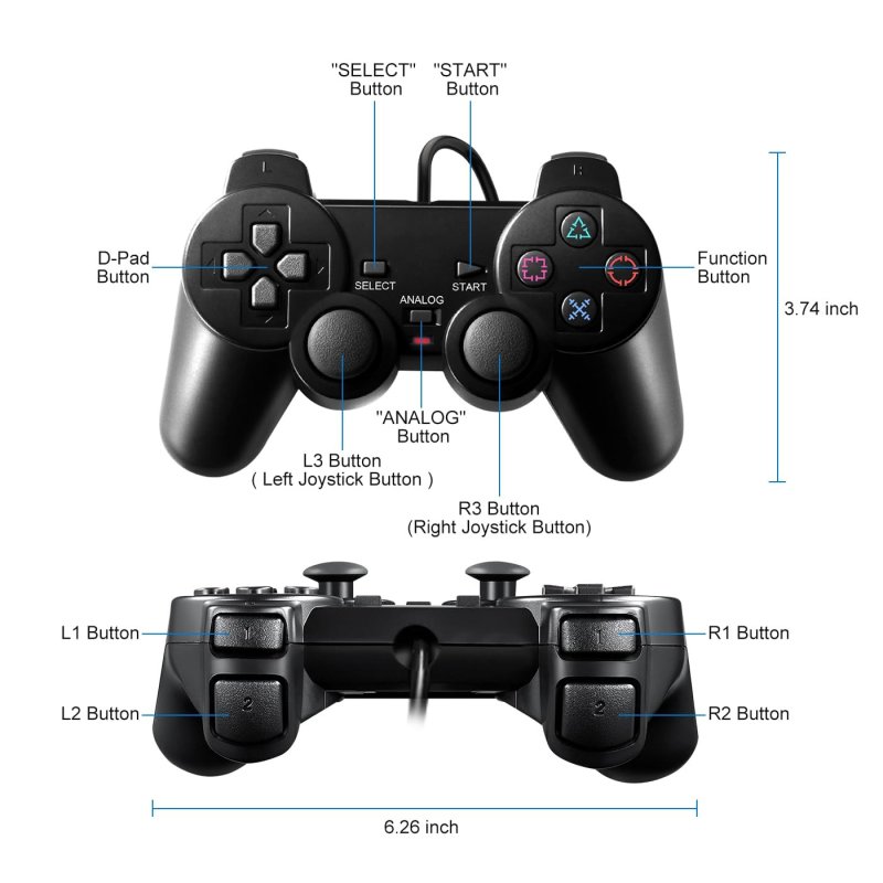 Wired Dual Vibration Controller for PS2 - Black