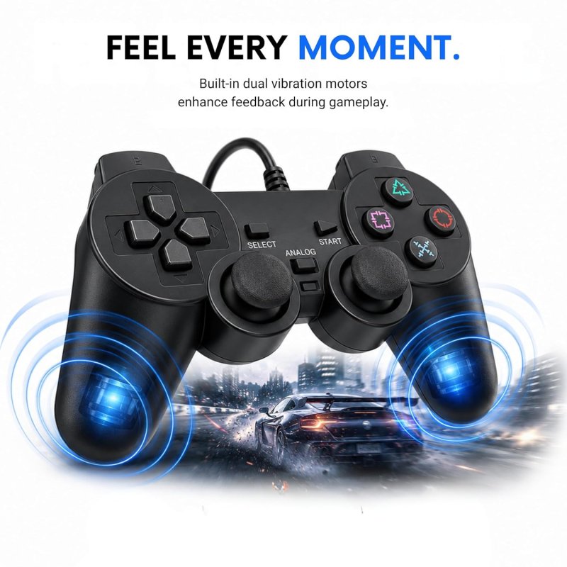 Wired Dual Vibration Controller for PS2 - Black