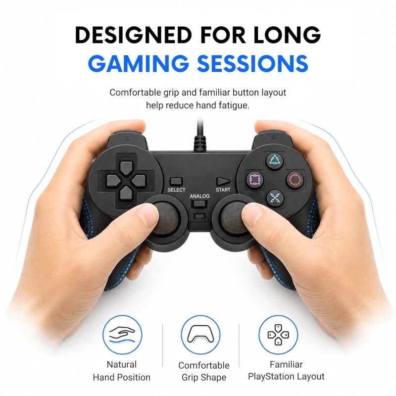Wired Dual Vibration Controller for PS2 - Black