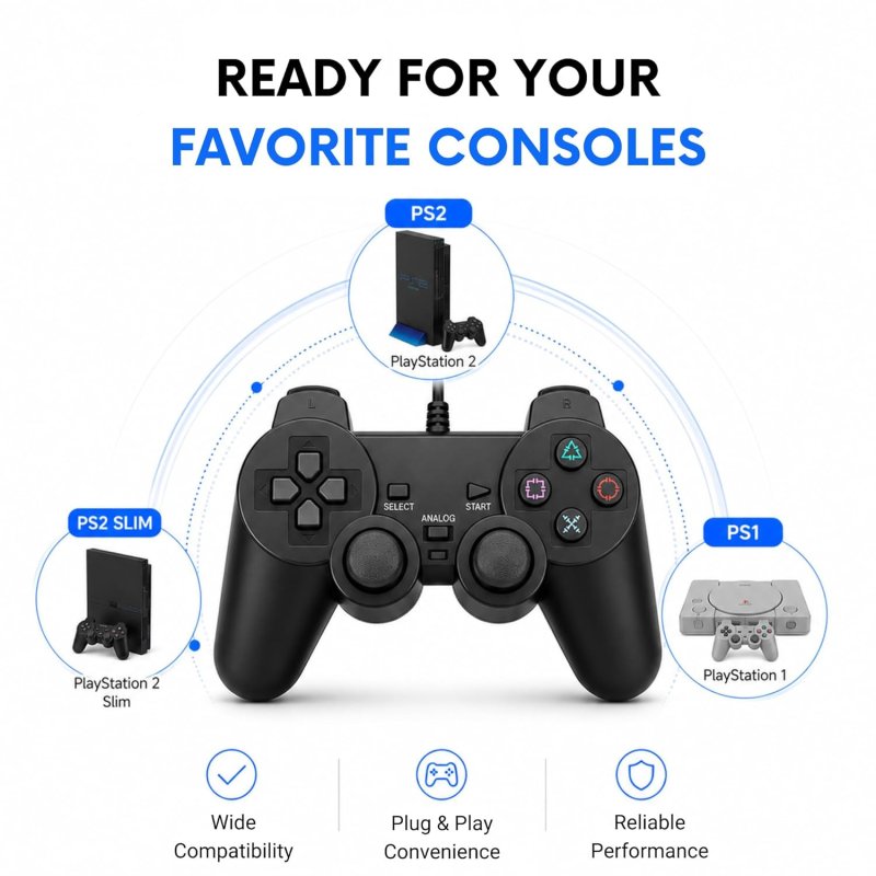 Wired Dual Vibration Controller for PS2 - Black