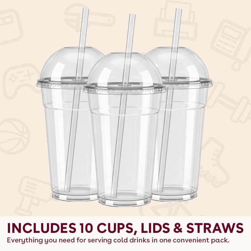 16oz Clear Plastic Cups with Dome Lids and Straws (Pack of 10)